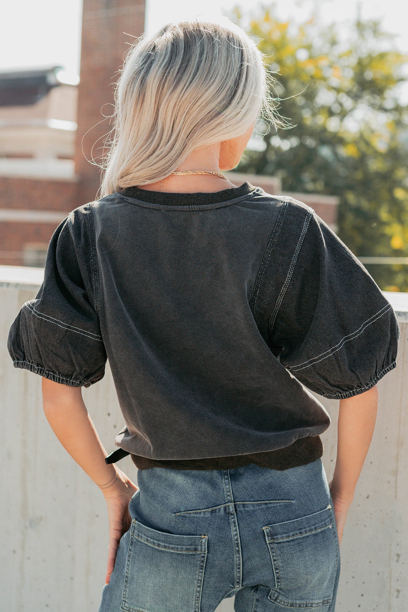 Serene Sparkle Washed Puff Sleeve Top (Vintage Black) - NanaMacs