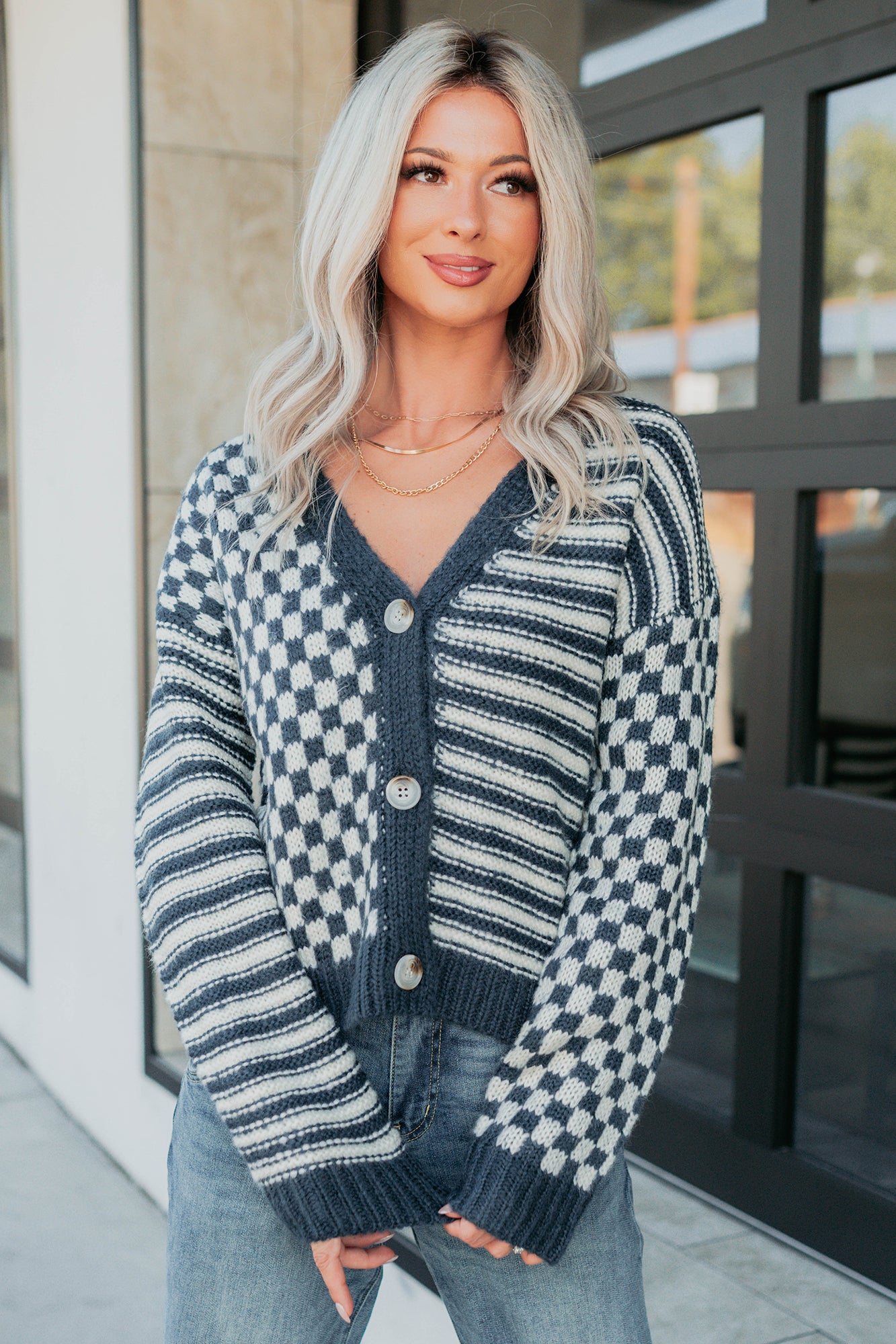 Tucked Away Checkered Stripe Knit Cardigan (Navy/Cream) - NanaMacs