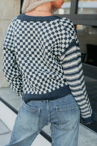 Tucked Away Checkered Stripe Knit Cardigan (Navy/Cream) - NanaMacs