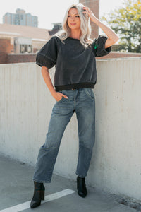 Serene Sparkle Washed Puff Sleeve Top (Vintage Black) - NanaMacs