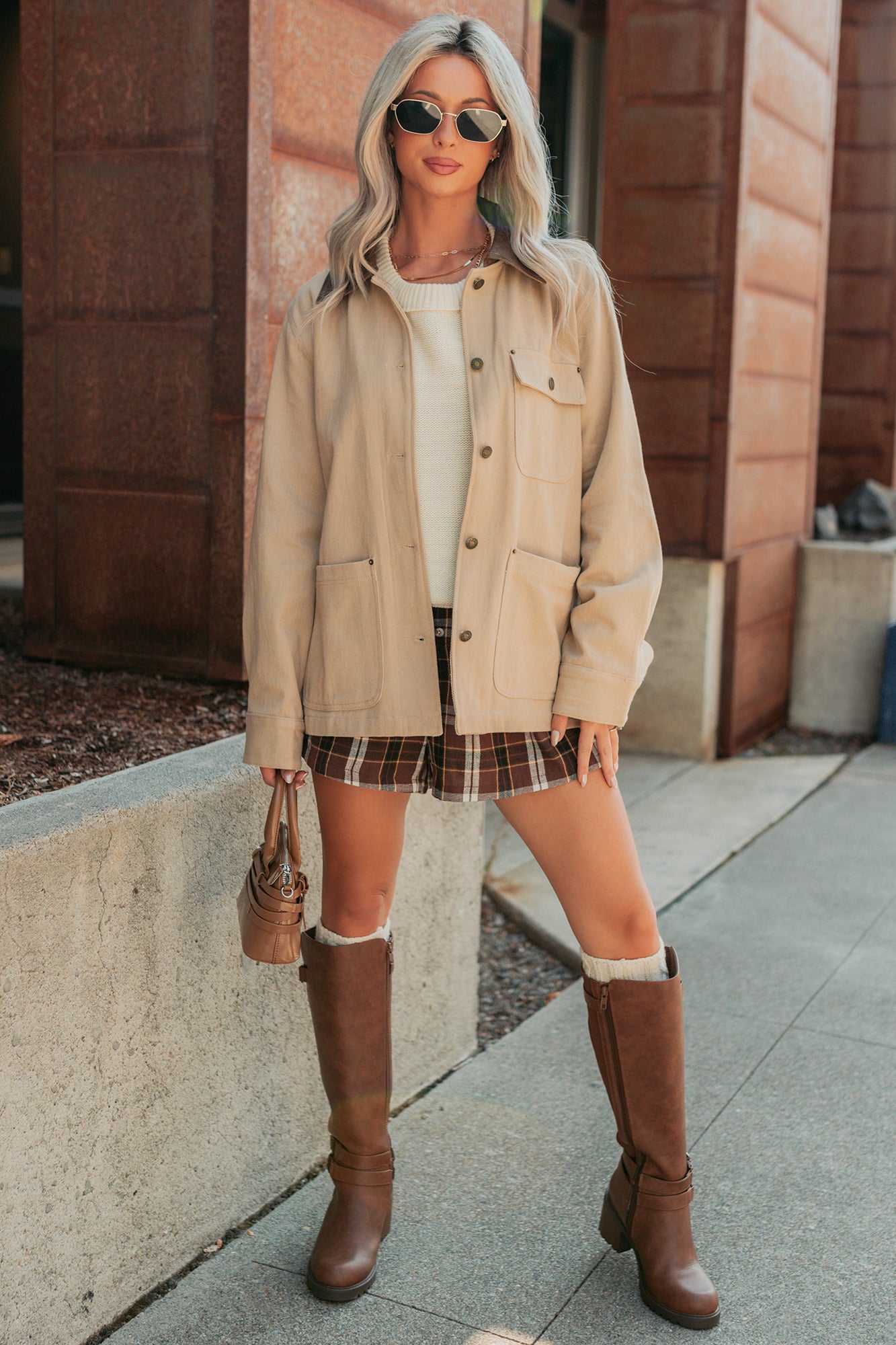 Hustle Habits Leather Collared Denim Jacket (Sand) - NanaMacs