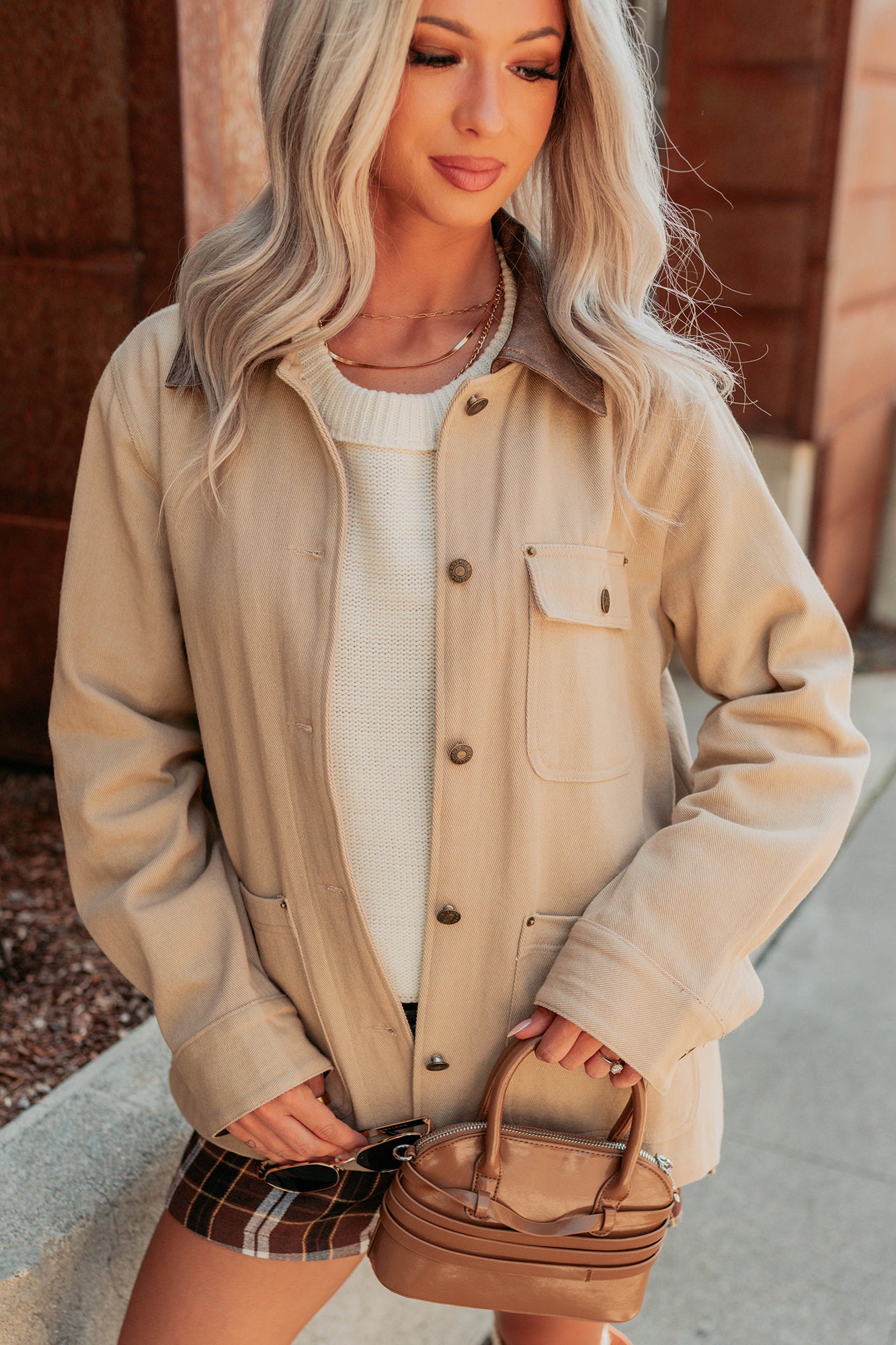 Hustle Habits Leather Collared Denim Jacket (Sand) - NanaMacs