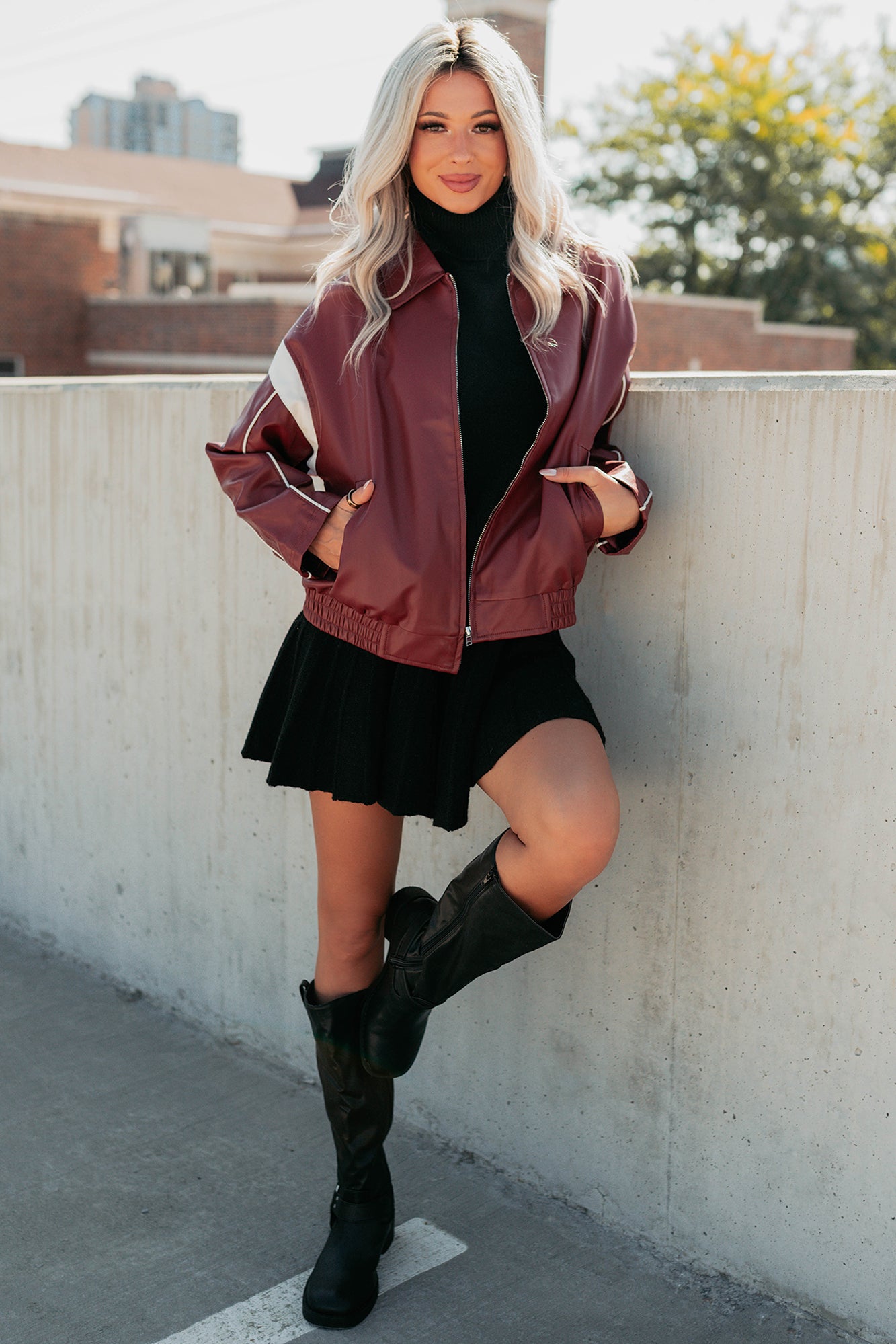 Future Forward Faux Leather Racer Jacket (Burgundy) - NanaMacs
