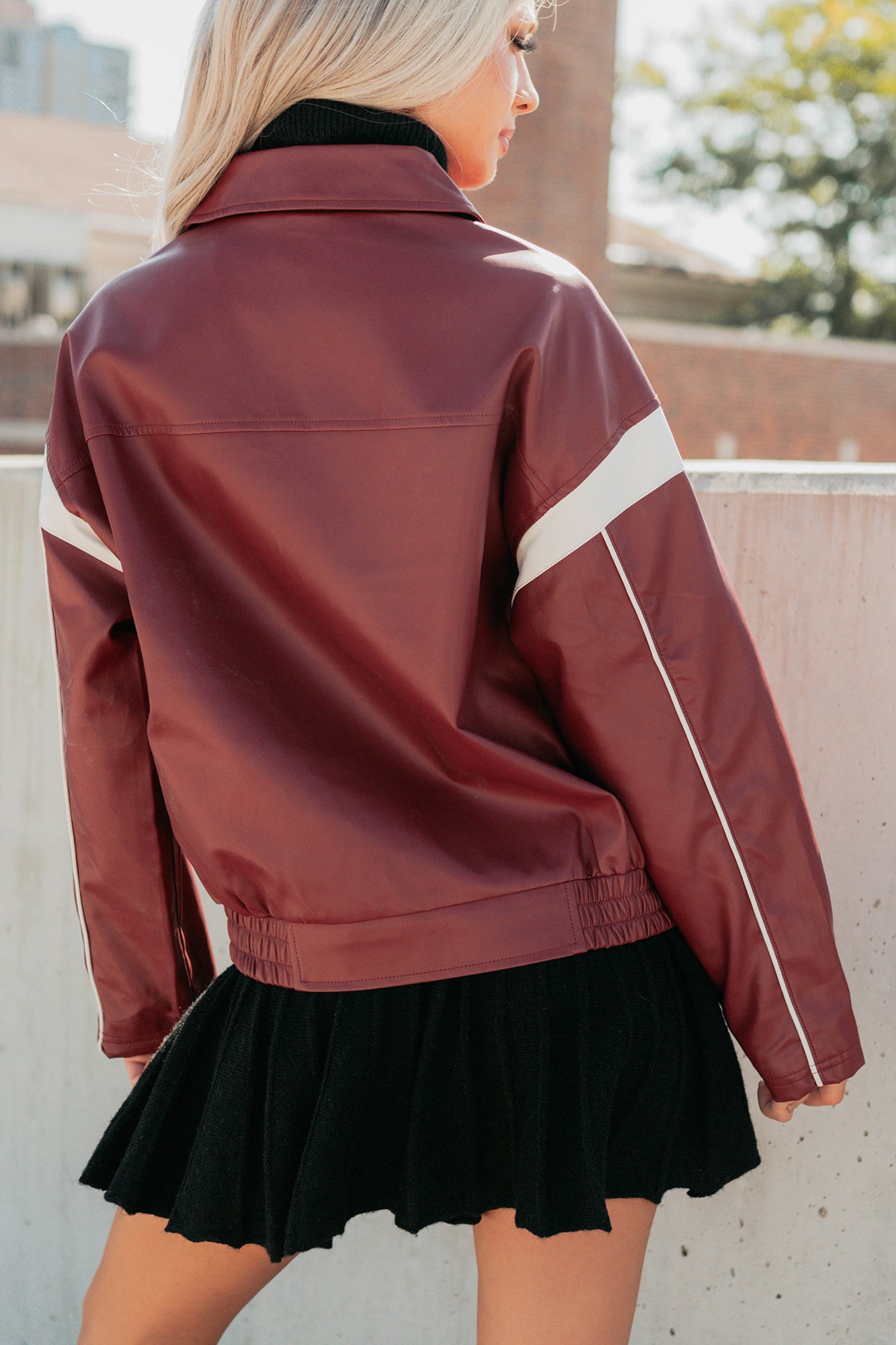 Future Forward Faux Leather Racer Jacket (Burgundy) - NanaMacs