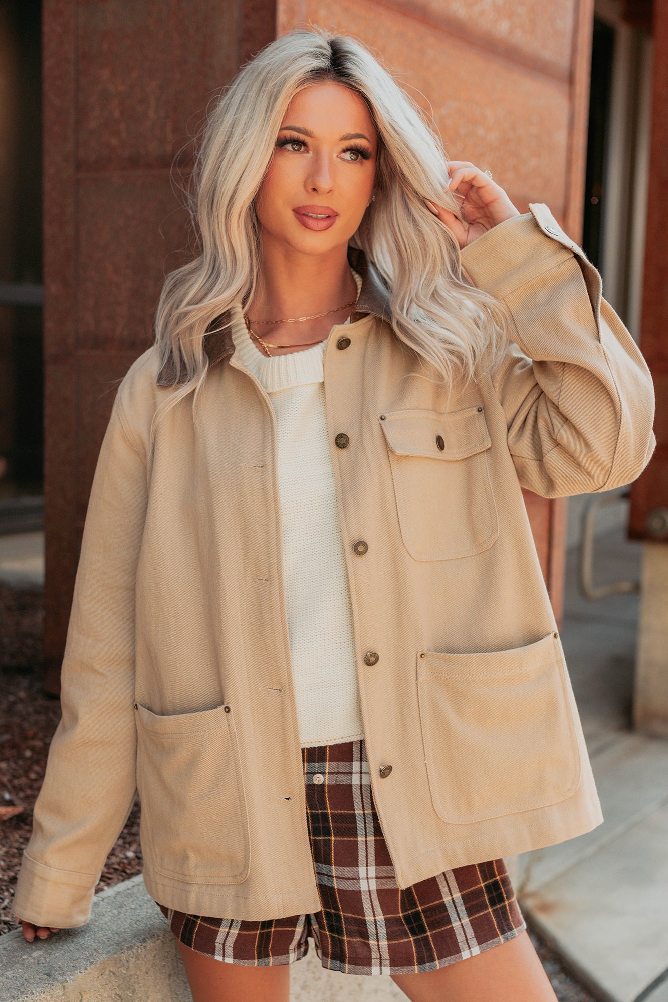 Hustle Habits Leather Collared Denim Jacket (Sand) - NanaMacs