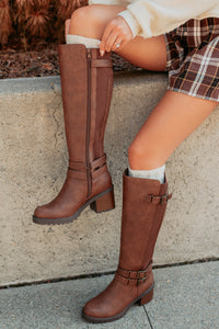 Iconic Shine Buckle Detailed Faux Leather Boots (Tan) - NanaMacs