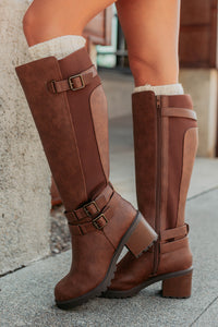 Iconic Shine Buckle Detailed Faux Leather Boots (Tan) - NanaMacs