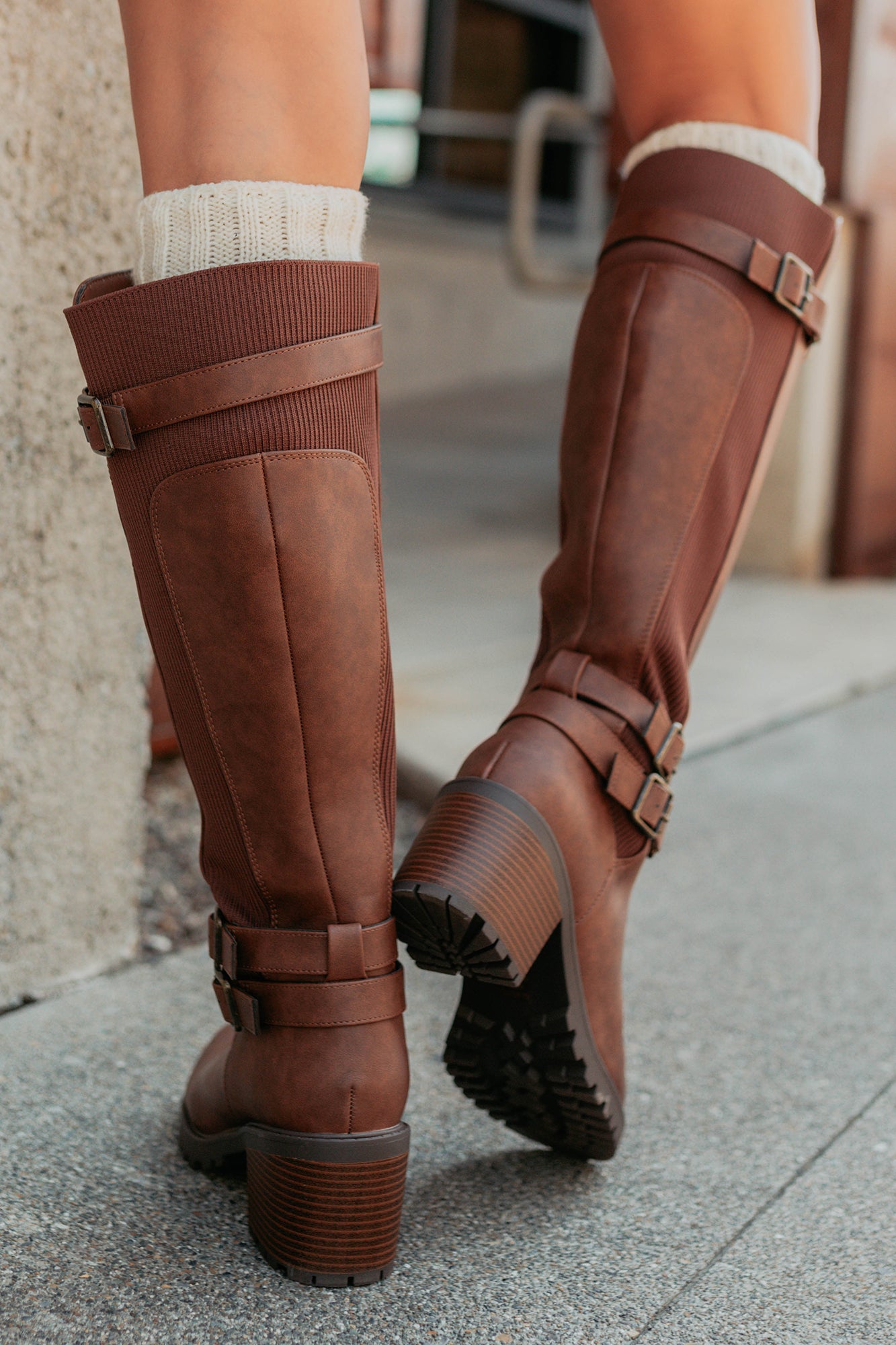 Iconic Shine Buckle Detailed Faux Leather Boots (Tan) - NanaMacs