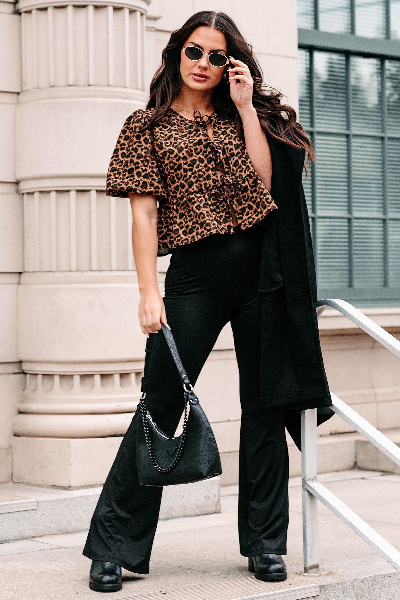 Feisty Fashion Front Tie Leopard Print Puff Top (Leopard) - NanaMacs