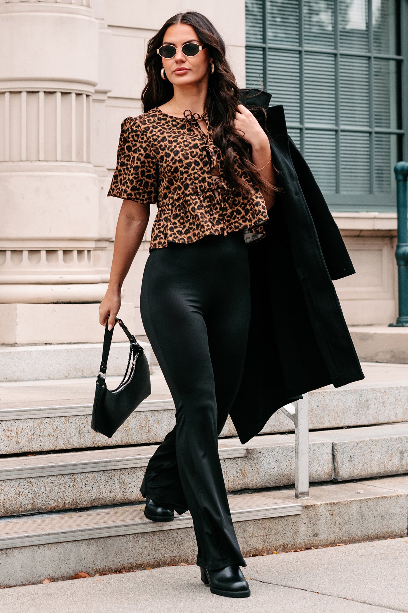 Feisty Fashion Front Tie Leopard Print Puff Top (Leopard) - NanaMacs