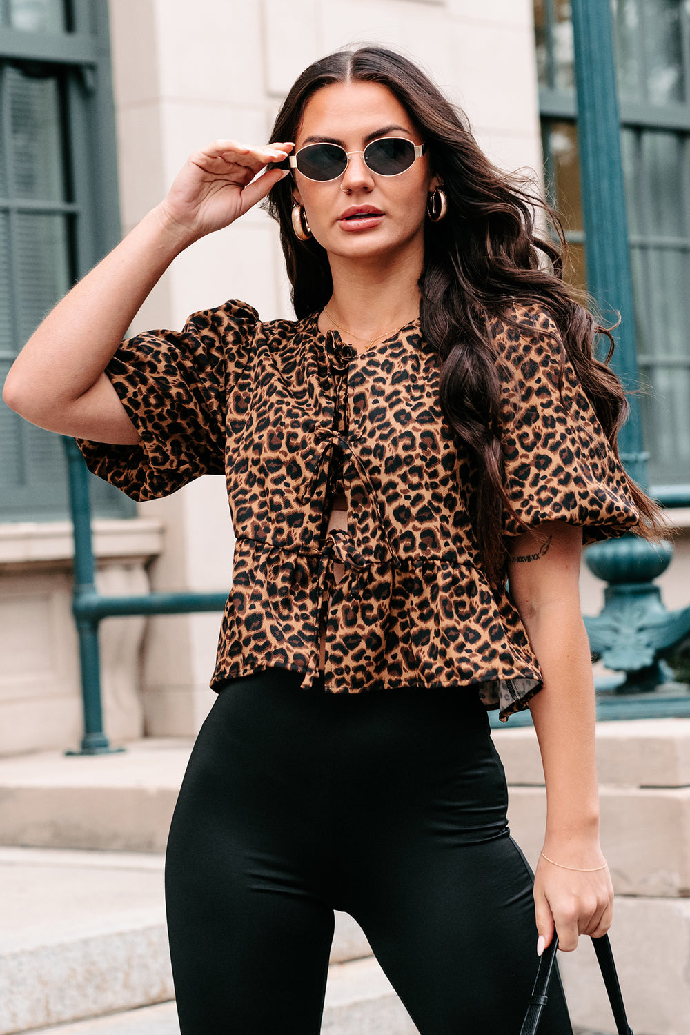 Taz Puff Sleeve Tie Front Top Leopard Print Mustard