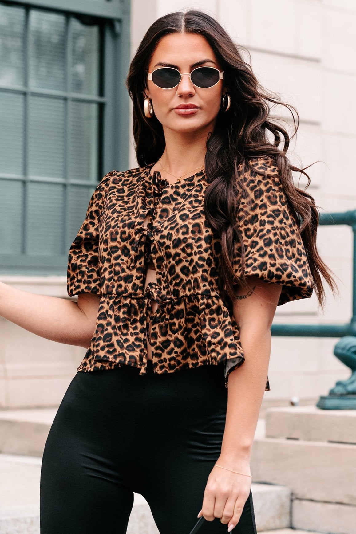 Feisty Fashion Front Tie Leopard Print Puff Top (Leopard) - NanaMacs