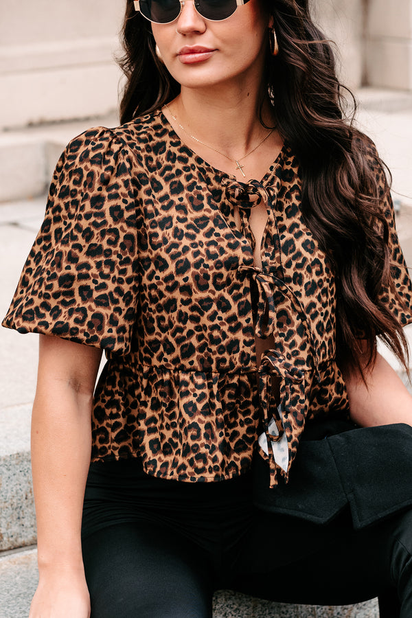 Feisty Fashion Front Tie Leopard Print Puff Top (Leopard) - NanaMacs