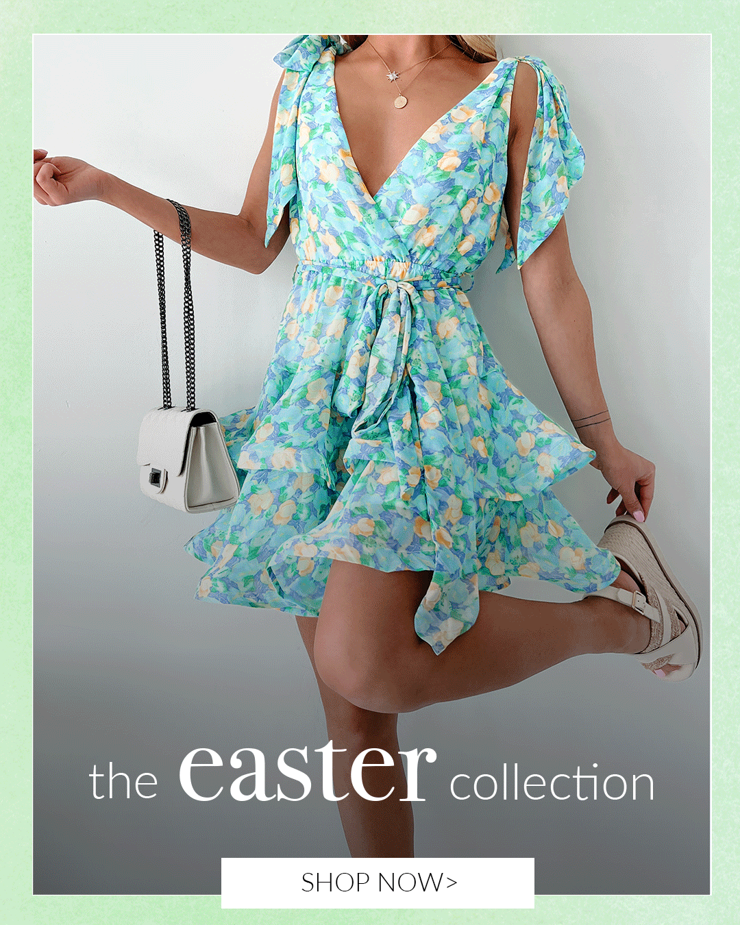 Slideshow of models wearing easter dresses and sets. Headline says "The Easter Collection". Call to action says "Shop Now" and links to the Easter Collection