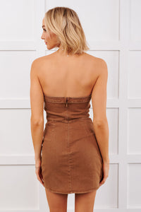 Lone Star Strapless Front Twist Denim Mini Dress (Mocha)