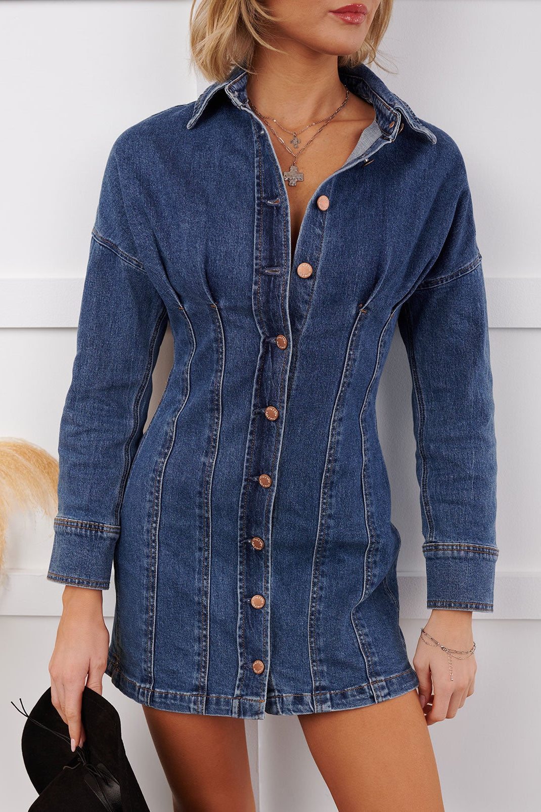 Open Range Pleated Denim Mini Dress (Medium Blue)