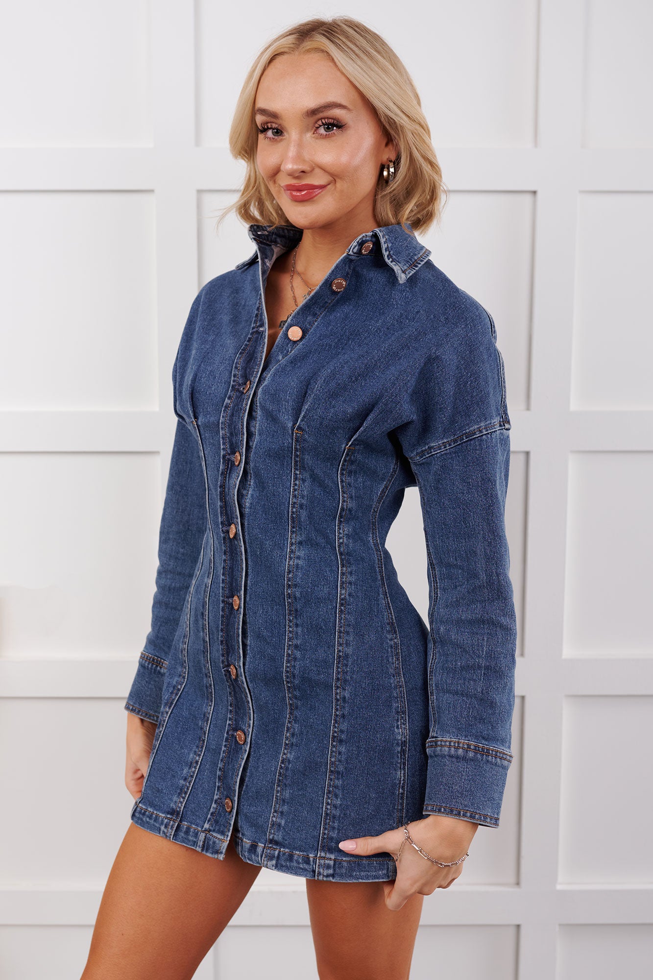 Medium Wash Button Down Pleated Mini Dress Medium Wash Button Down Pleated Mini Dress