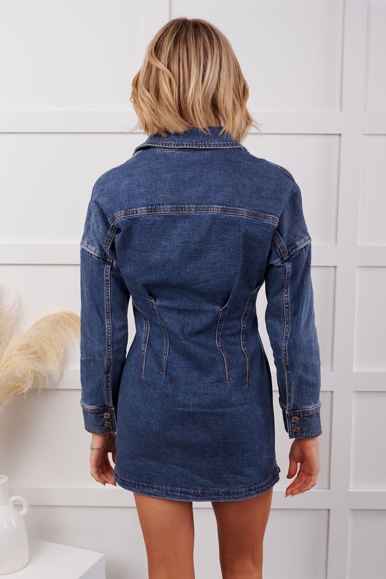 Open Range Pleated Denim Mini Dress (Medium Blue)