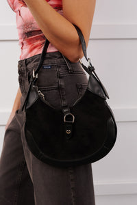 Claim Fame Faux Suede & Leather Crescent Bag (Black) - NanaMacs