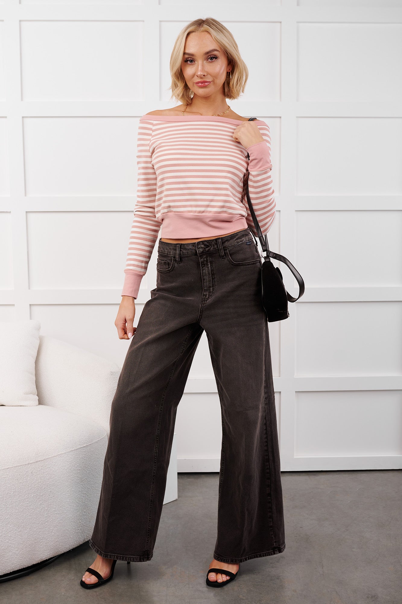 Forward Thinking Off The Shoulder Striped Top (Light Pink/Ivory)