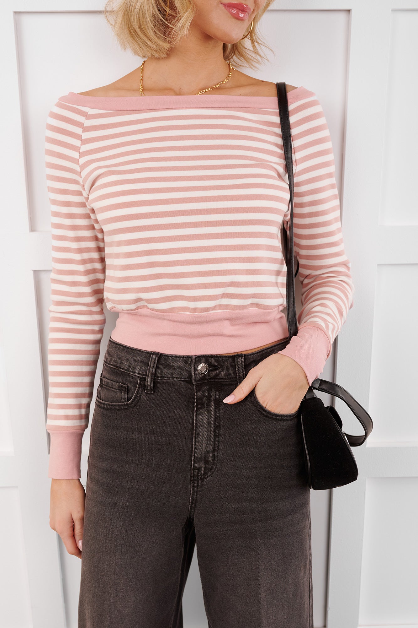 Forward Thinking Off The Shoulder Striped Top (Light Pink/Ivory)