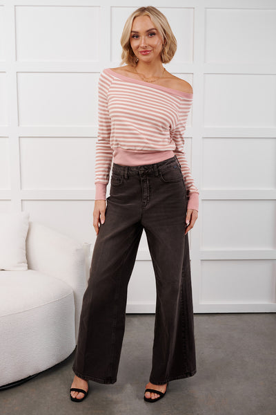 Forward Thinking Off The Shoulder Striped Top (Light Pink/Ivory)