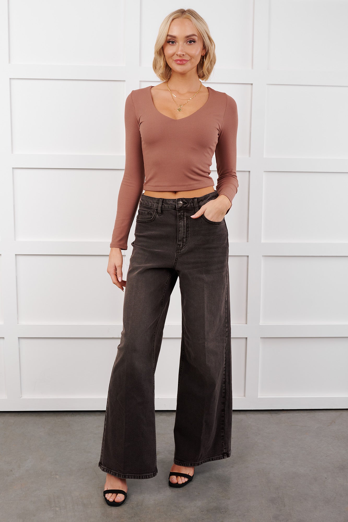Daily Rhythm Long Sleeve V Neck Crop Top (Mocha) - NanaMacs