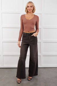 Daily Rhythm Long Sleeve V Neck Crop Top (Mocha) - NanaMacs