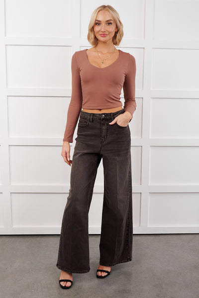 Daily Rhythm Long Sleeve V Neck Crop Top (Mocha)