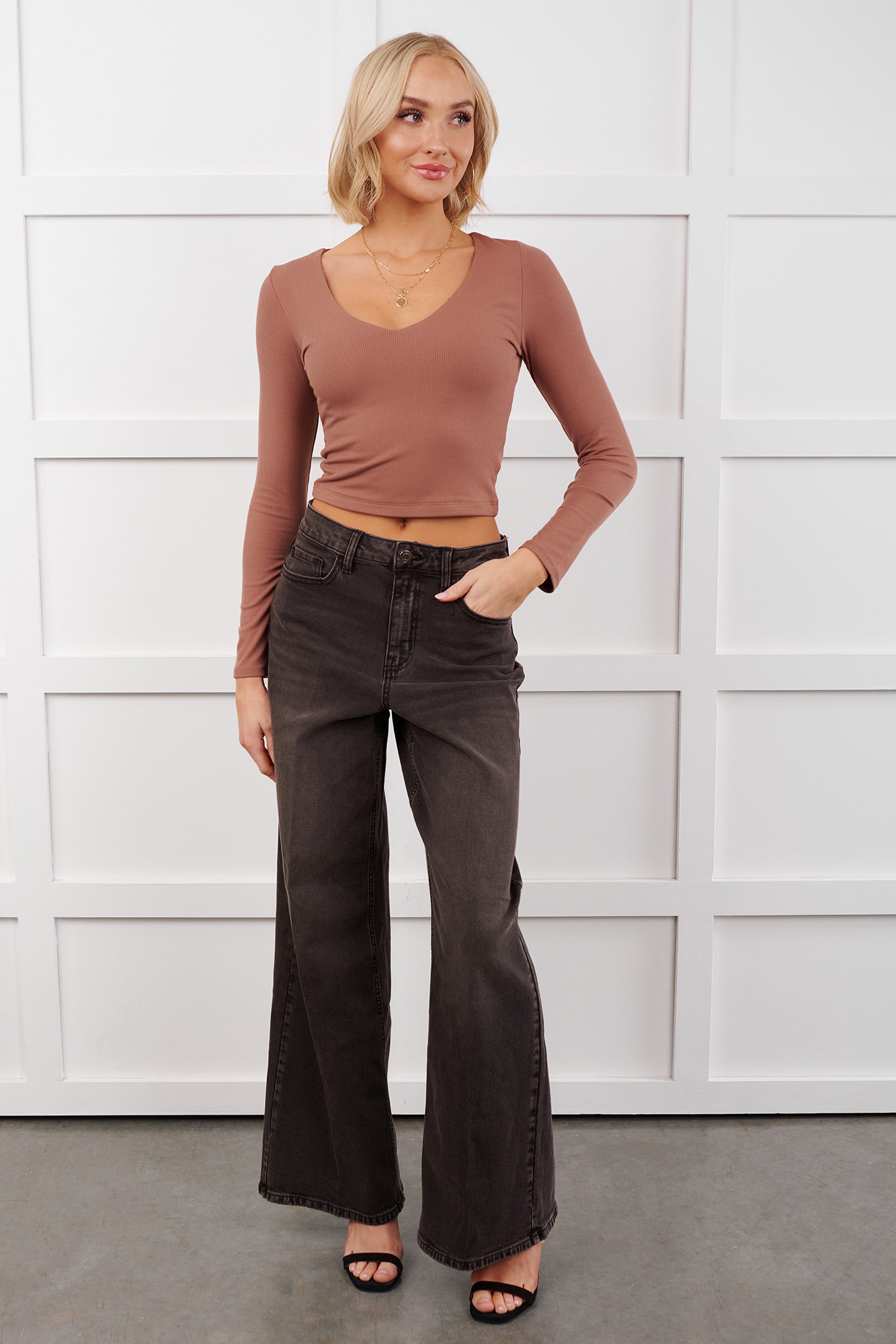 Daily Rhythm Long Sleeve V Neck Crop Top (Mocha) - NanaMacs