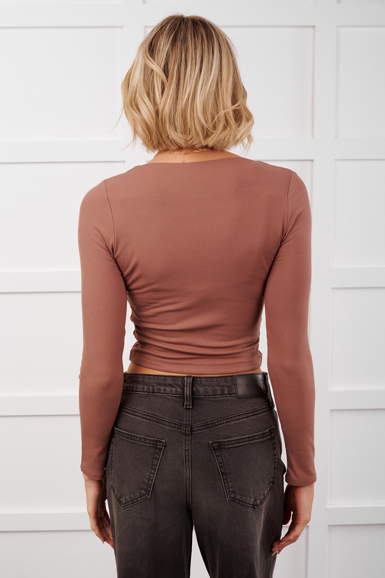 Daily Rhythm Long Sleeve V Neck Crop Top (Mocha) - NanaMacs