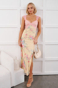 Growing & Glowing Lace Detail Floral Mesh Maxi Dress (Pink/Yellow) - NanaMacs