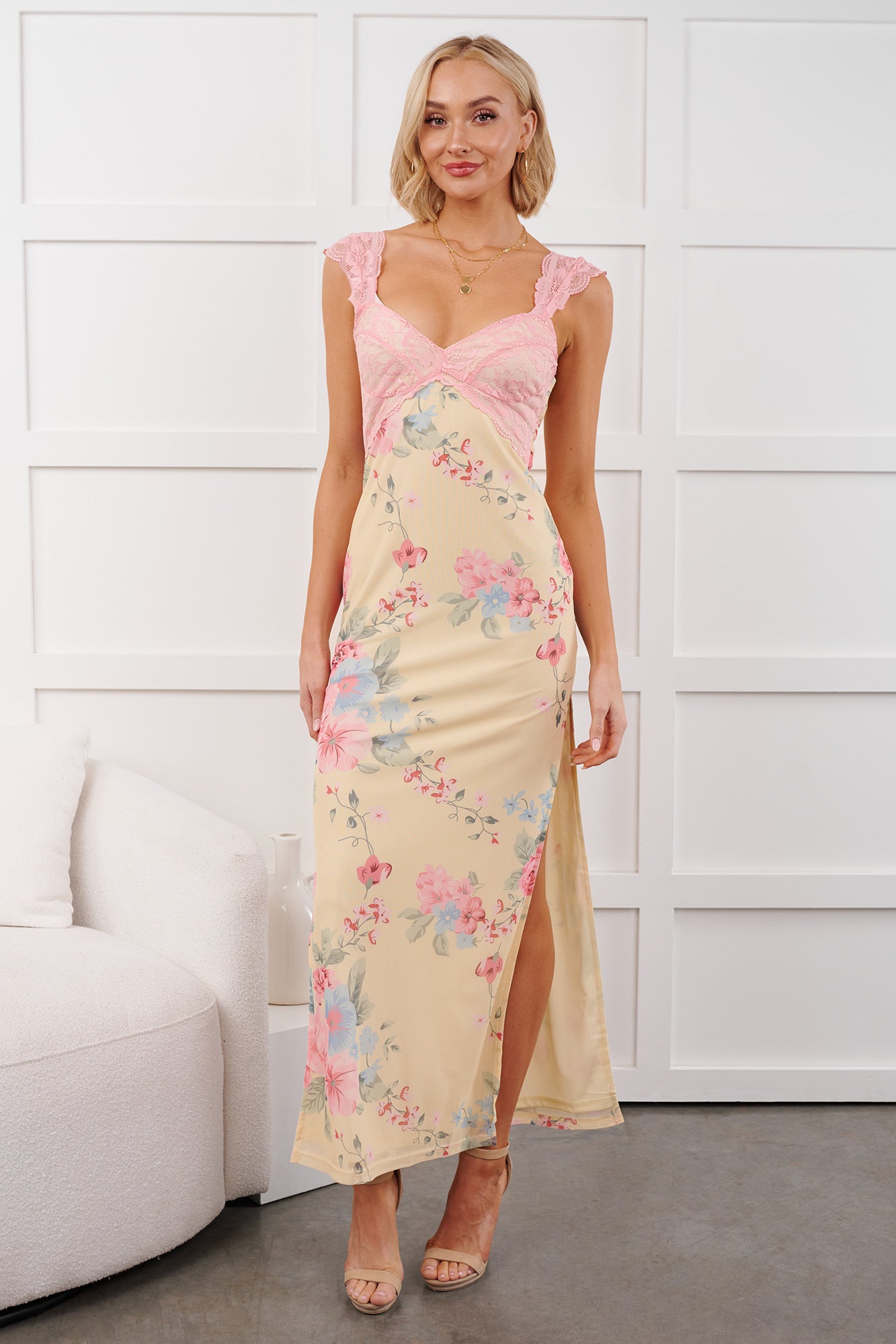 Growing & Glowing Lace Detail Floral Mesh Maxi Dress (Pink/Yellow) NanaMacs Growing & Glowing Lace Detail Floral Mesh Maxi Dress (Pink/Yellow) NanaMacs