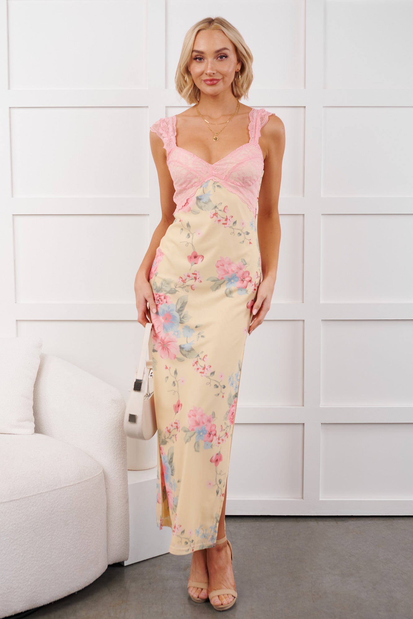 Growing & Glowing Lace Detail Floral Mesh Maxi Dress (Pink/Yellow) NanaMacs Growing & Glowing Lace Detail Floral Mesh Maxi Dress (Pink/Yellow) NanaMacs