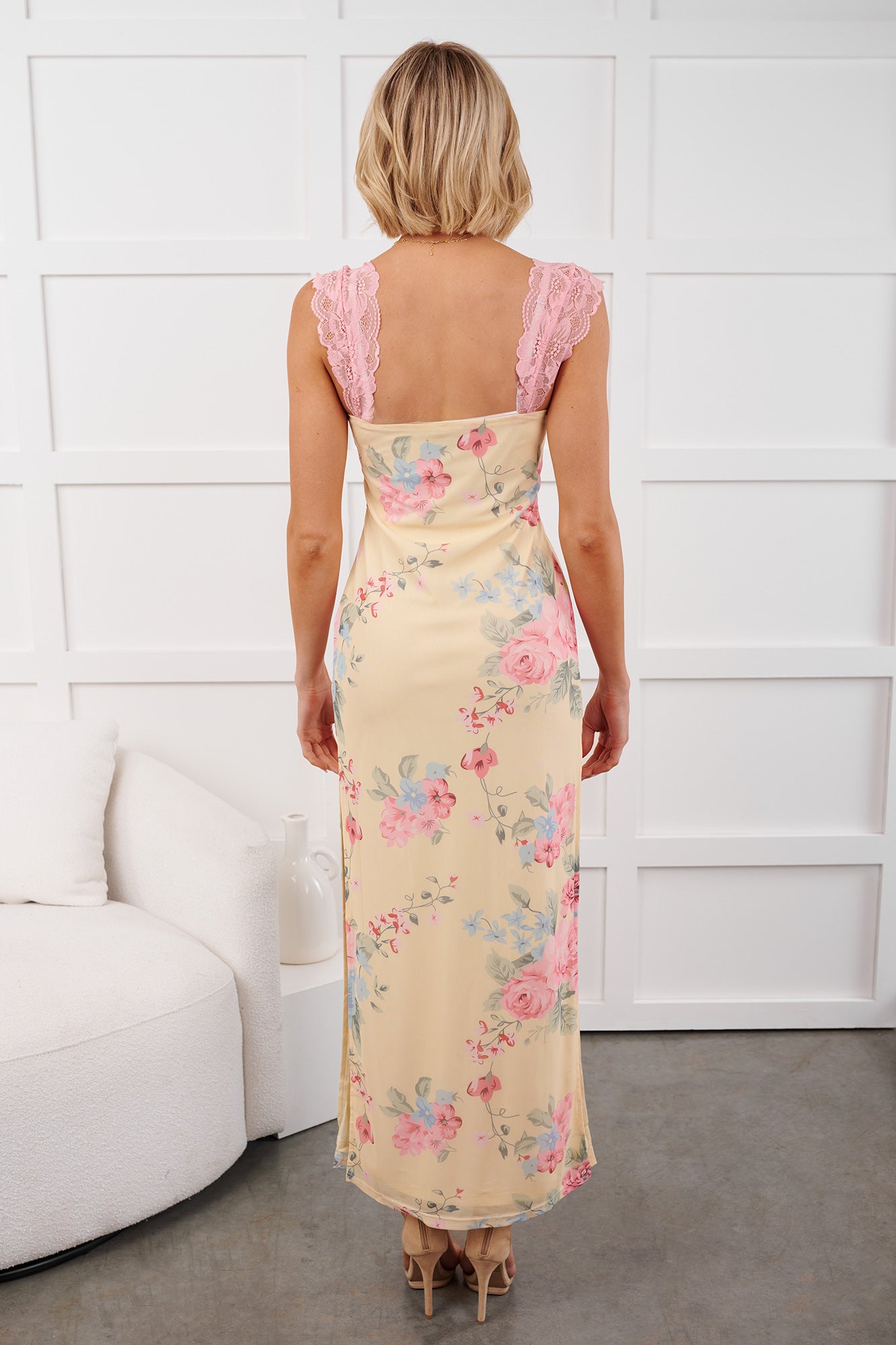 Growing & Glowing Lace Detail Floral Mesh Maxi Dress (Pink/Yellow) - NanaMacs