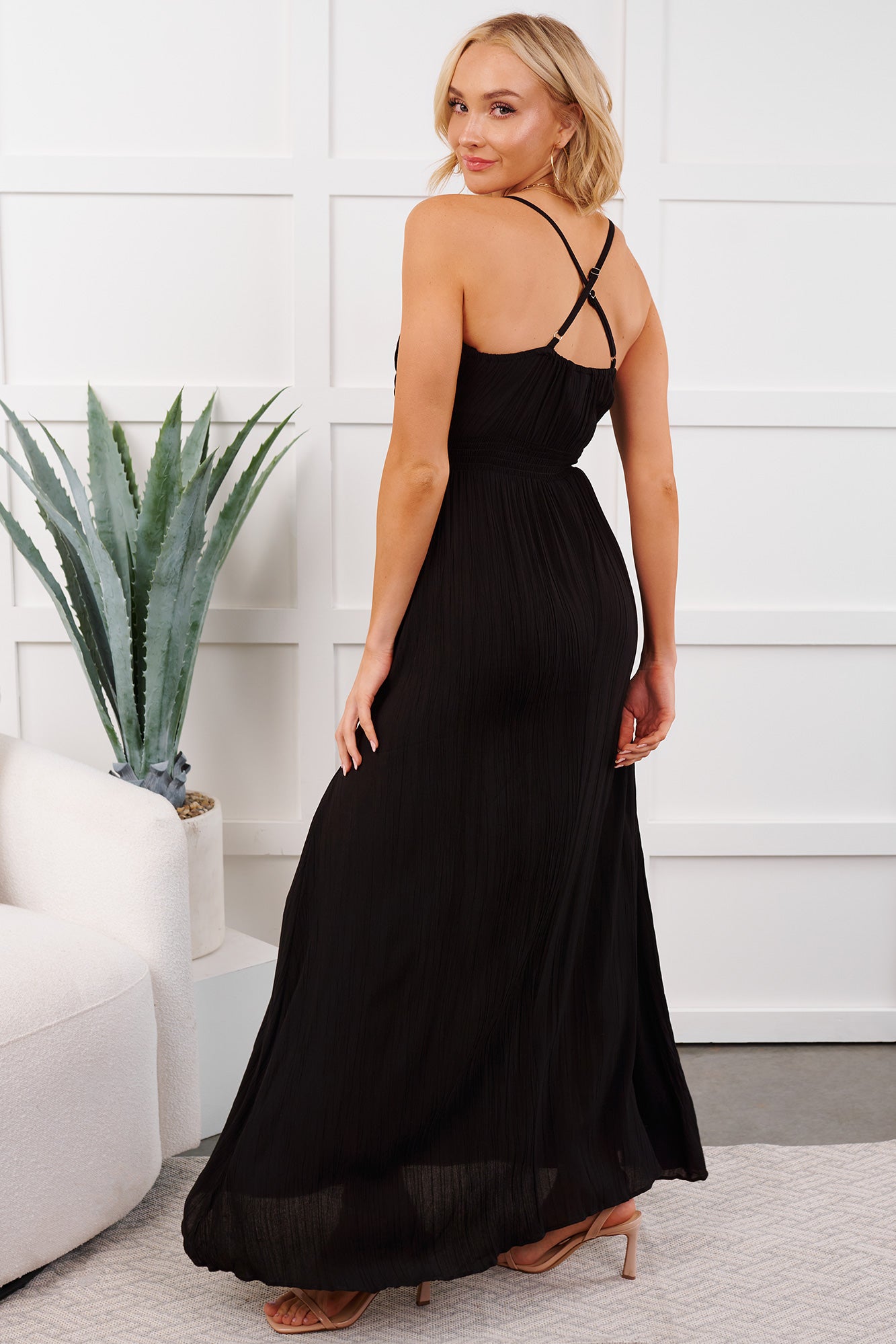 Bloom Baby Sleeveless V Neck Maxi Dress (Black) - NanaMacs