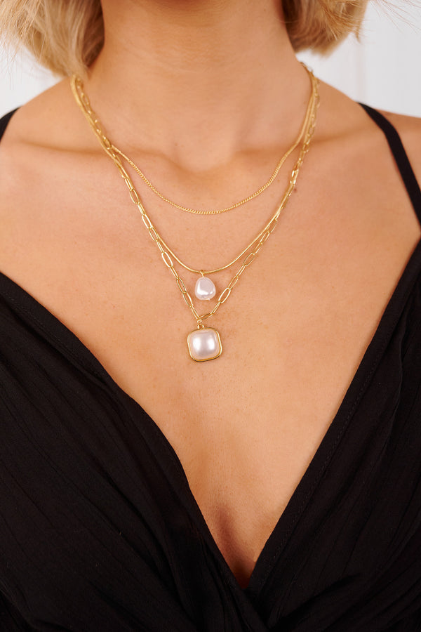 Chic Mode Layered Pearl Chain Necklace (White Gold) - NanaMacs