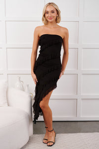 Steady Flame Strapless Leg Slit Midi Dress (Black) - NanaMacs