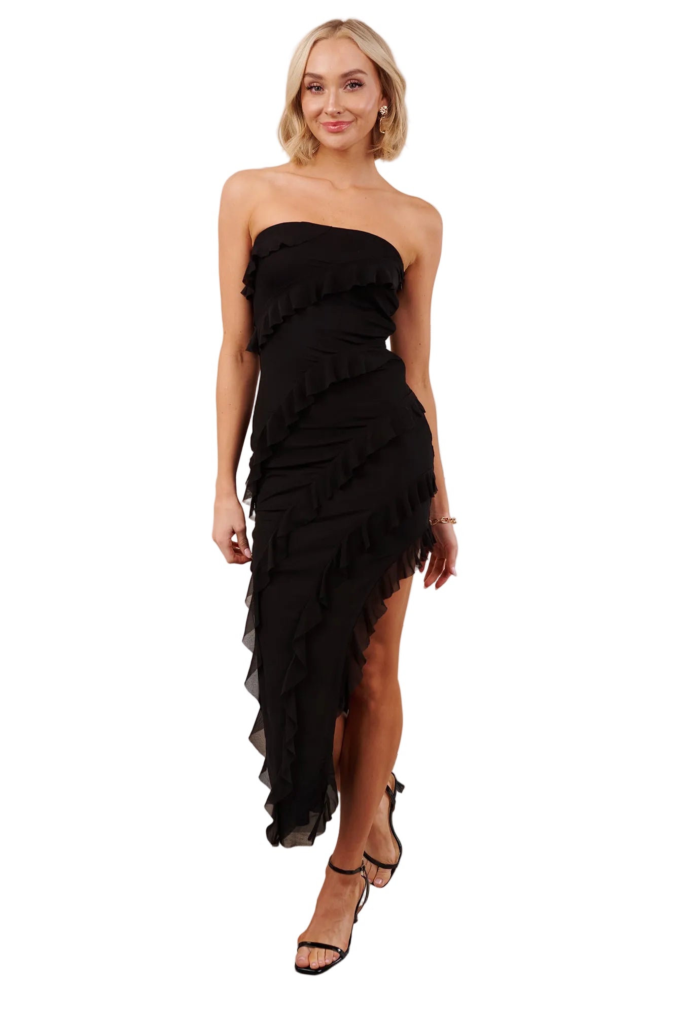 Steady Flame Strapless Leg Slit Midi Dress (Black) · NanaMacs