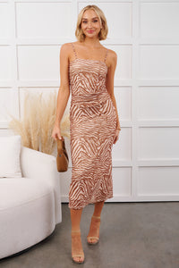 Don't Call Me Up Zebra Print Mesh Midi Dress (Mocha)