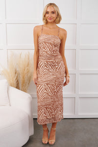 Don't Call Me Up Zebra Print Mesh Midi Dress (Mocha)