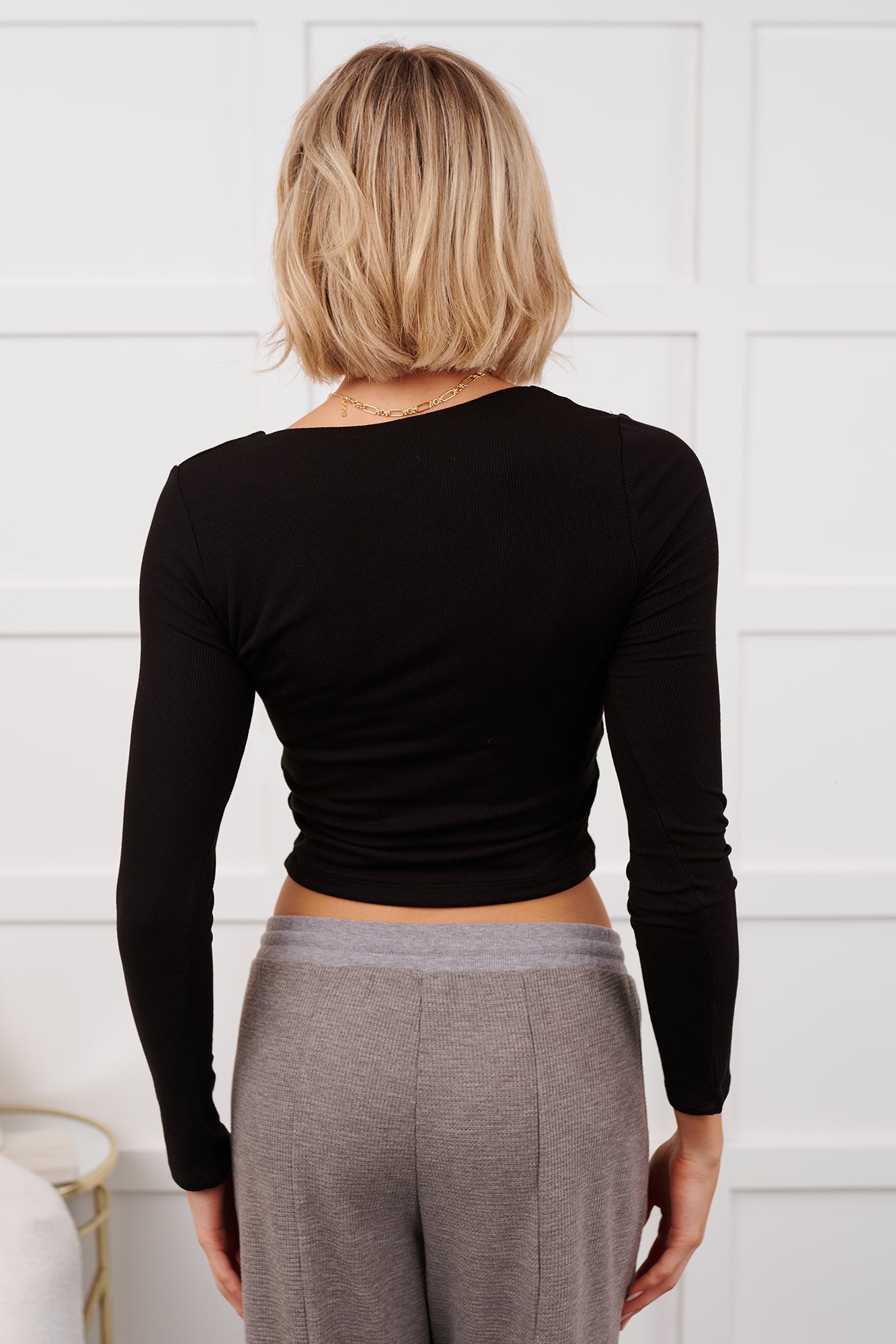 Daily Rhythm Long Sleeve V Neck Crop Top (Black) - NanaMacs
