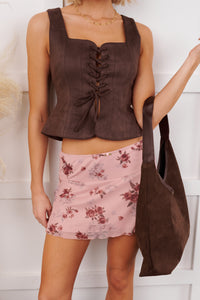 Style Disruptor Faux Suede Lace-Up Top (Chocolate) - NanaMacs