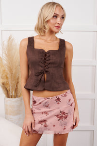 Style Disruptor Faux Suede Lace-Up Top (Chocolate) - NanaMacs