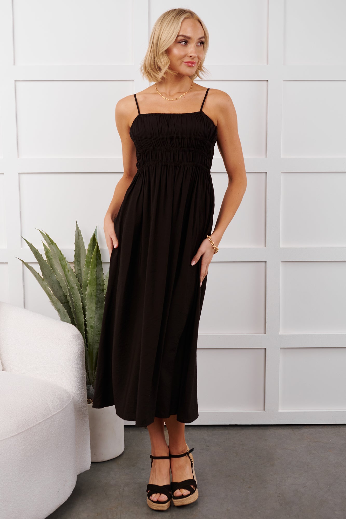 black smocked dress midi Black Smocked Ruffle Shoulder Midi Dress