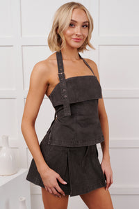 Sharp Eye Denim Halter Top Mini Skort Set (Black) - NanaMacs