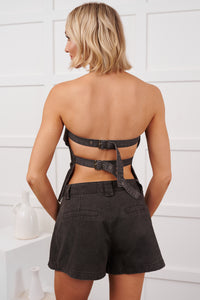 Sharp Eye Denim Halter Top Mini Skort Set (Black) - NanaMacs