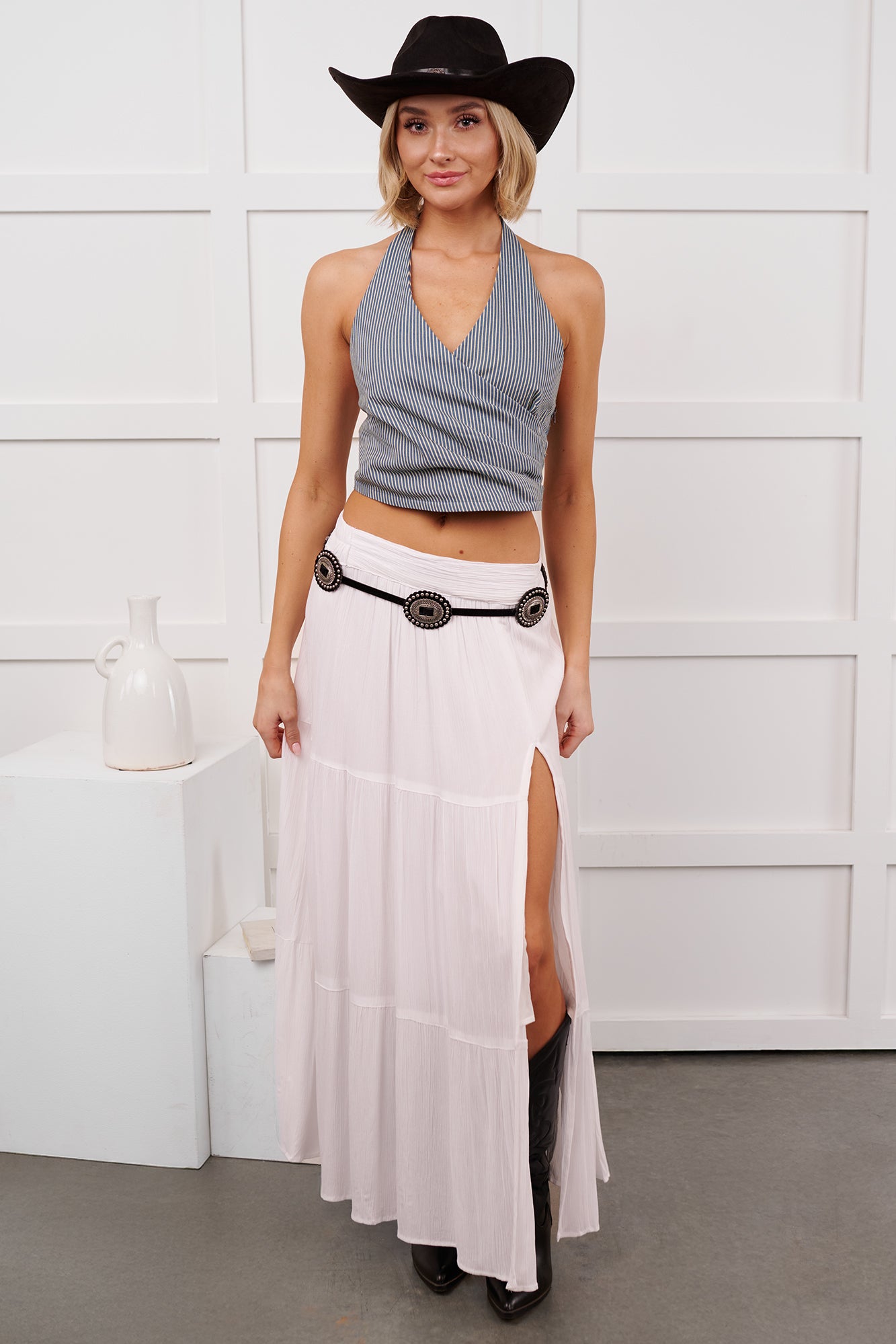 Love Cue Stripe Halter Denim Crop Top (Blue/White) - NanaMacs