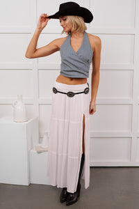 Love Cue Stripe Halter Denim Crop Top (Blue/White) - NanaMacs