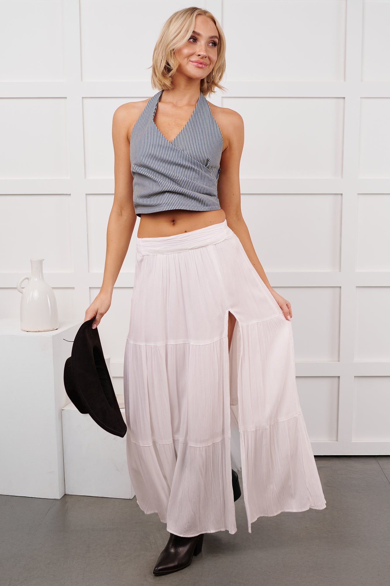 Darling Moments Tiered Slit Maxi Skirt (White)